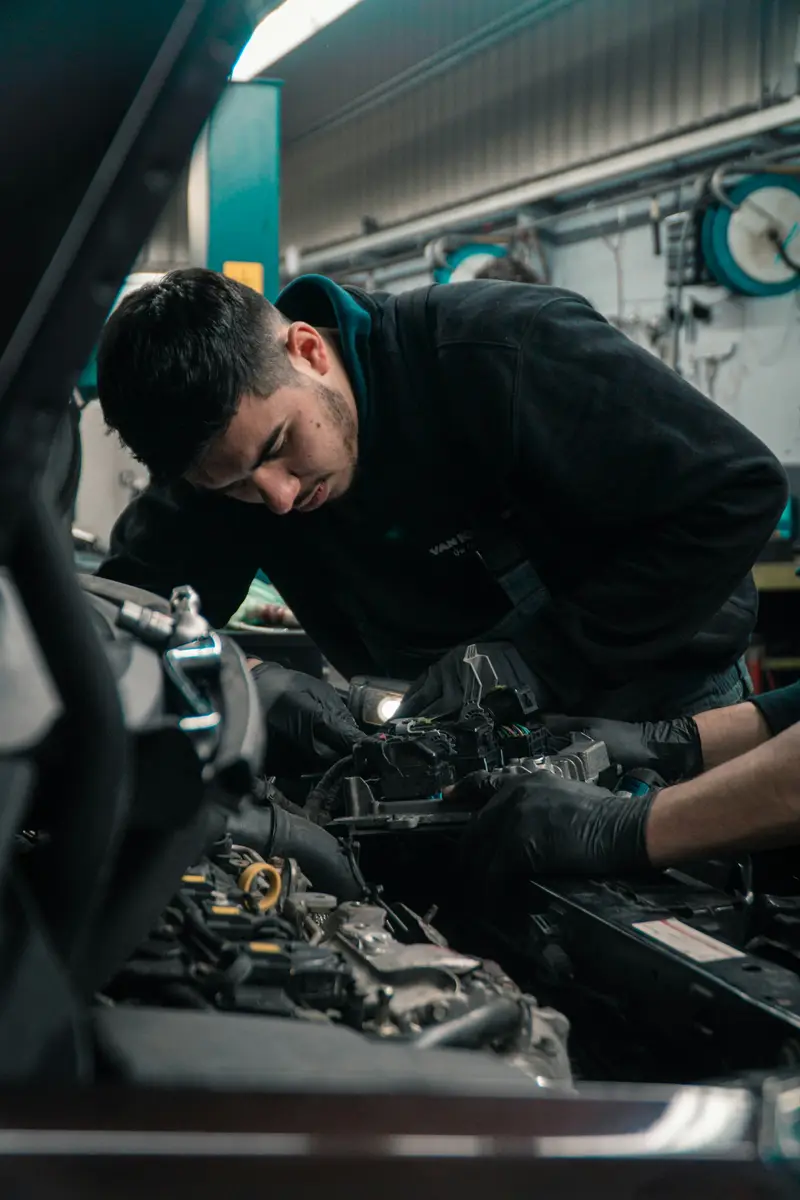 Trained mechanic working on a car engine at Billingshurst MOT & Service Centre